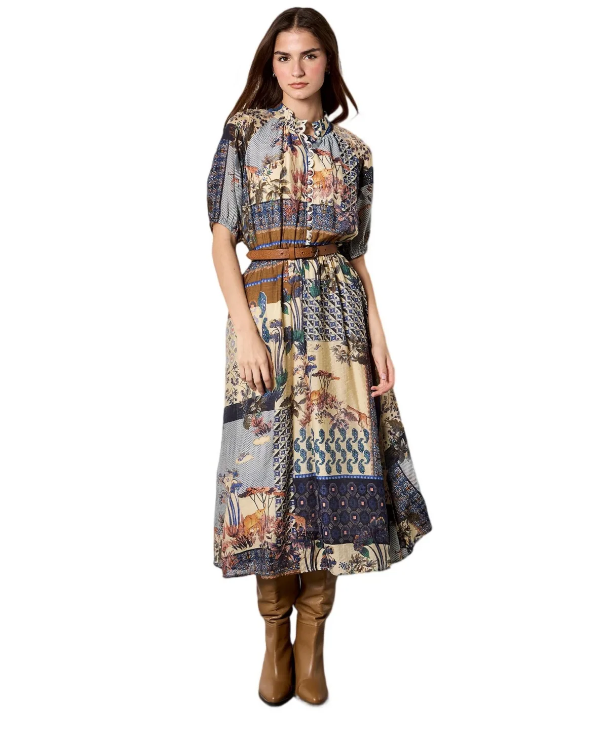 Patchwork Art Puff-Sleeve Midi Shirt Dress by Apricot