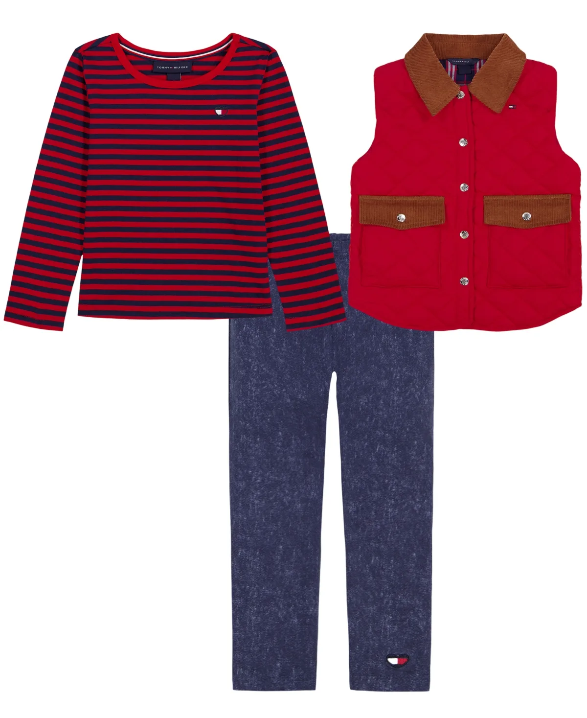 Striped Long-Sleeve Quilted T-Shirt, Vest and Denim Leggings, 3-Piece Set by Tommy Hilfiger