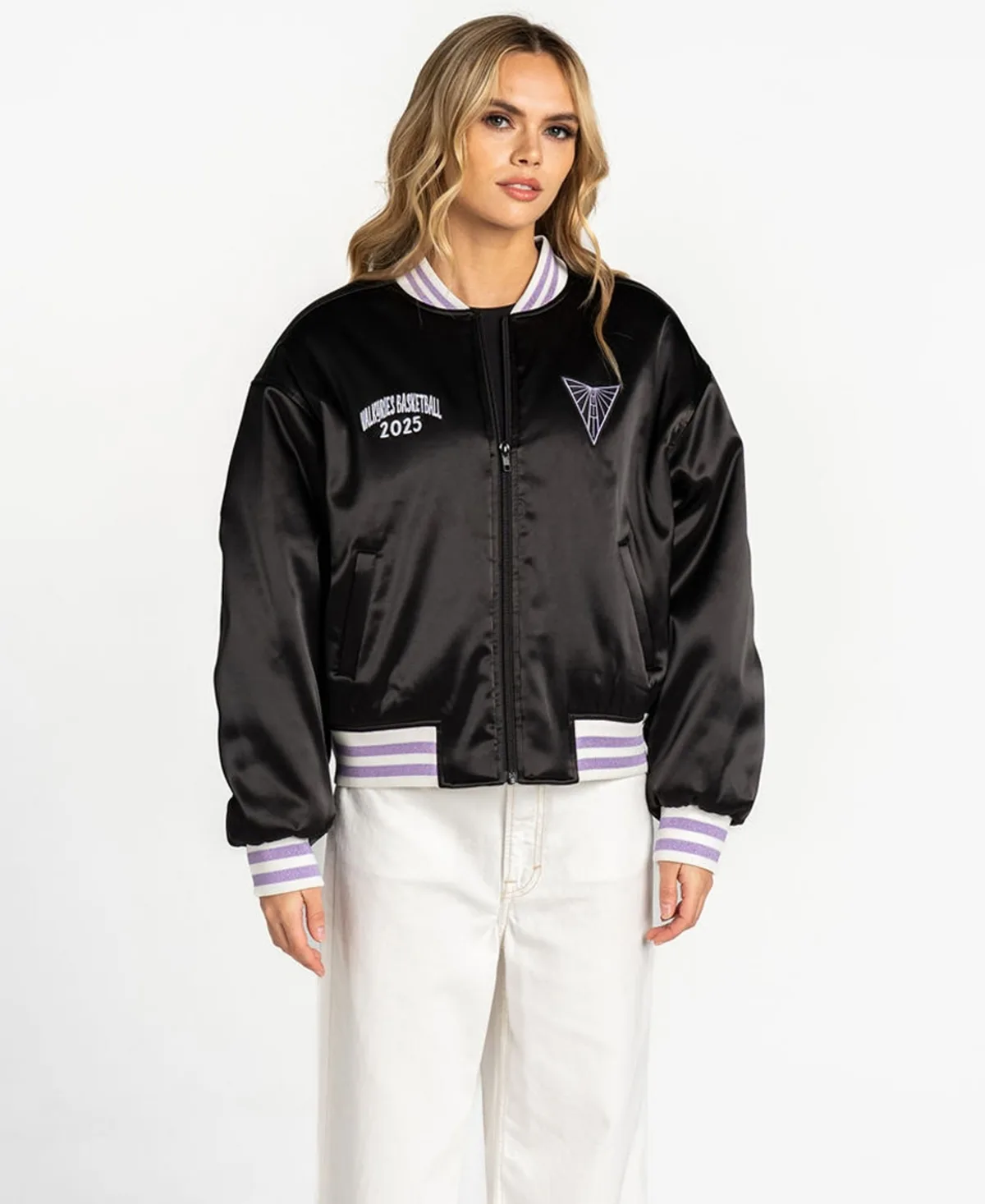 Golden State Valkyries Oversized Cropped Satin Bomber Jacket by The Wild Collective