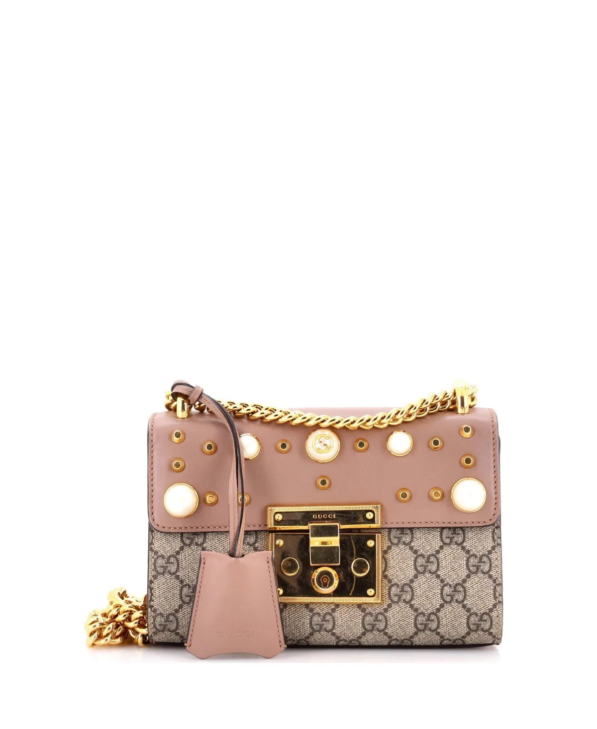 Pre-Owned Small Pearly Padlock Shoulder Bag Gg Coated Canvas with Studded Leather
