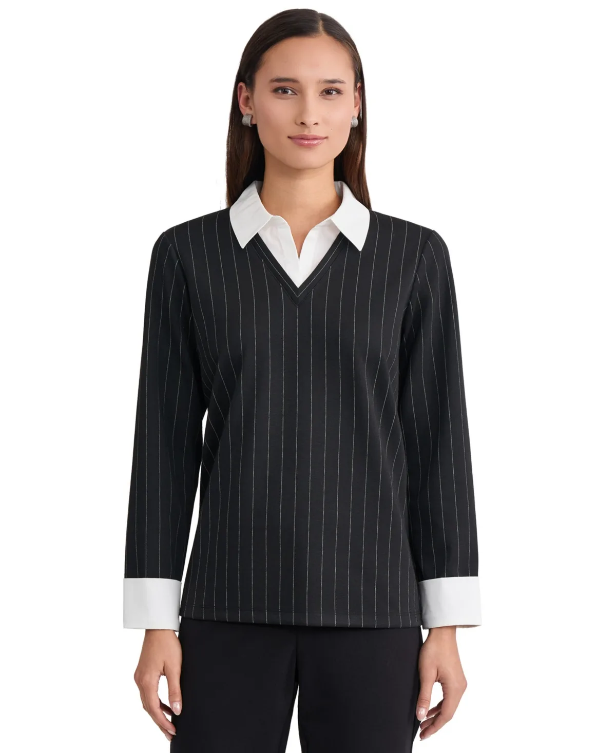 Long-Sleeve Pinstripe V-Neck Blouse by Jones New York
