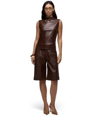 Mock Neck Faux Leather Sleeveless Ruched Top Pleated High Waisted Wide Leg Shorts by Hudson Jeans