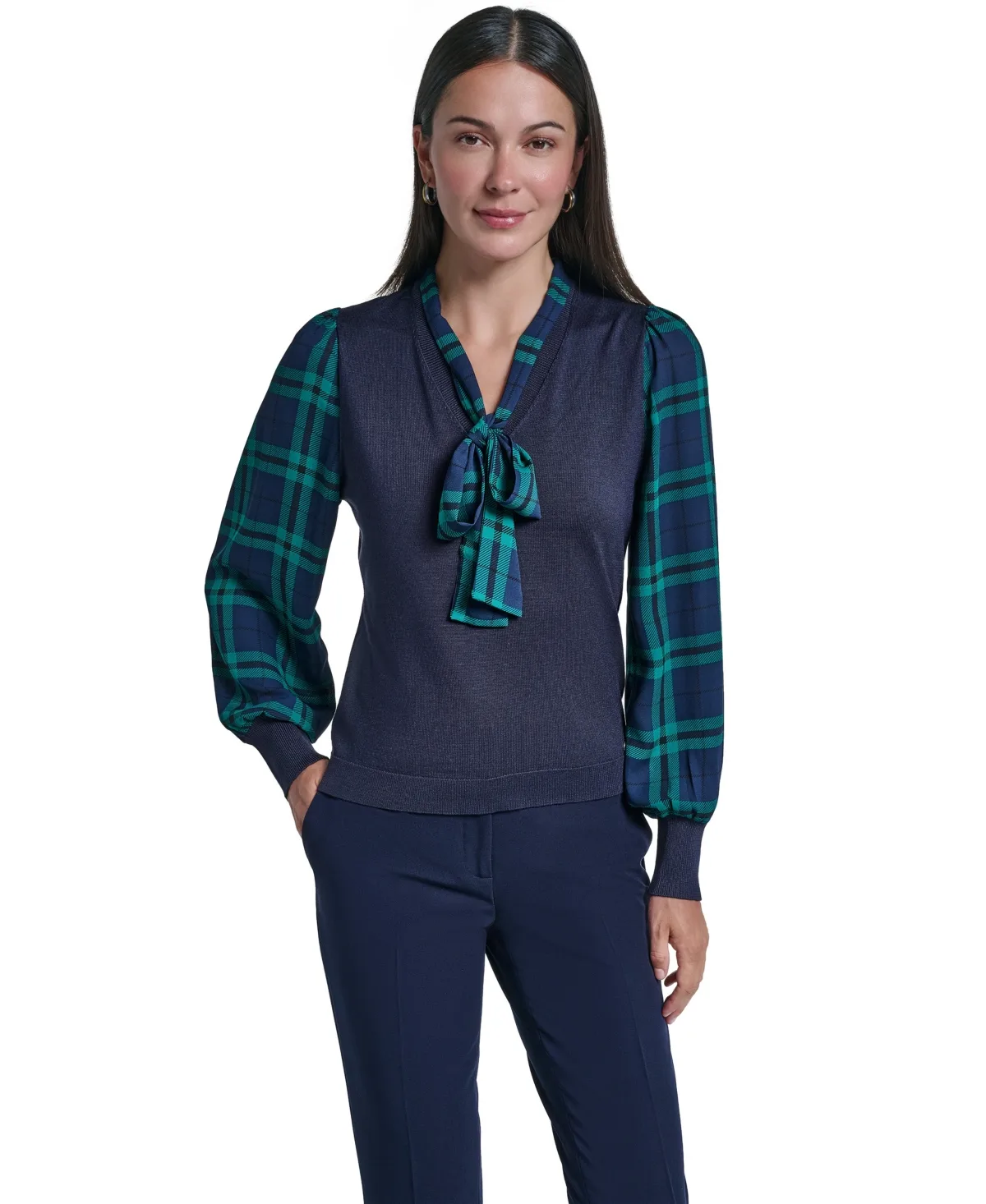 Tie-Neck Plaid-Print Sweater by Tommy Hilfiger