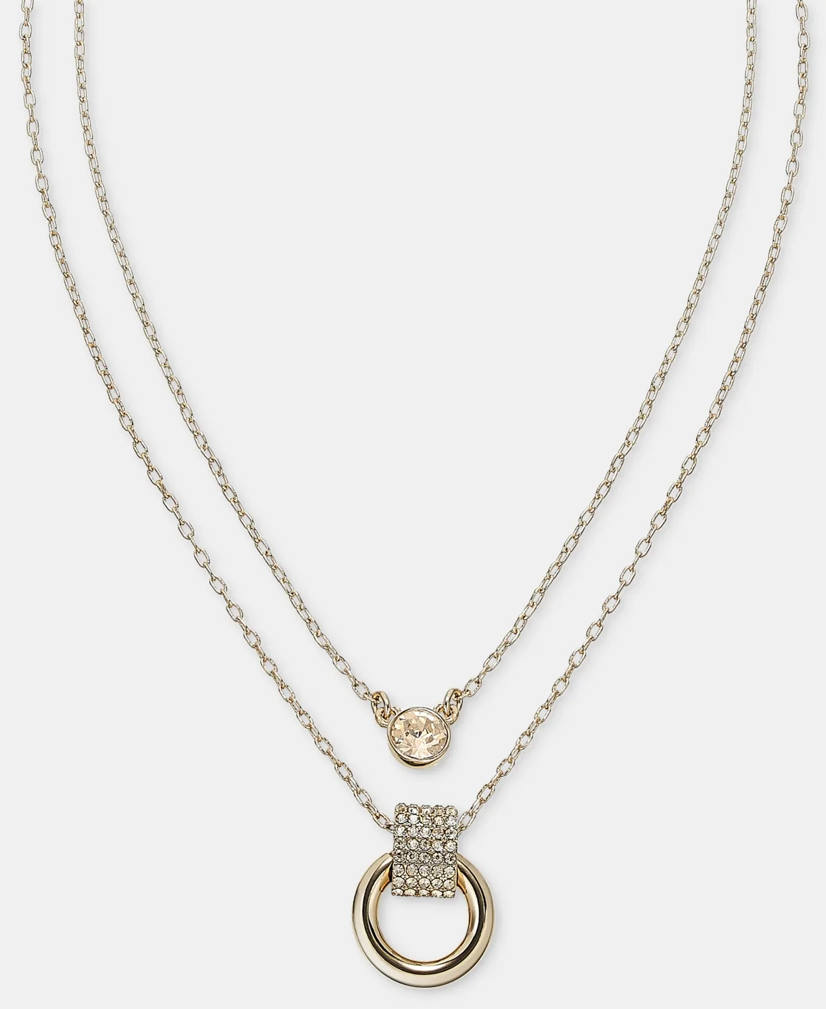Glass Crystal Gold-Tone 2 Row Ring Pendant Necklace, 16-17 + 3 Extender
