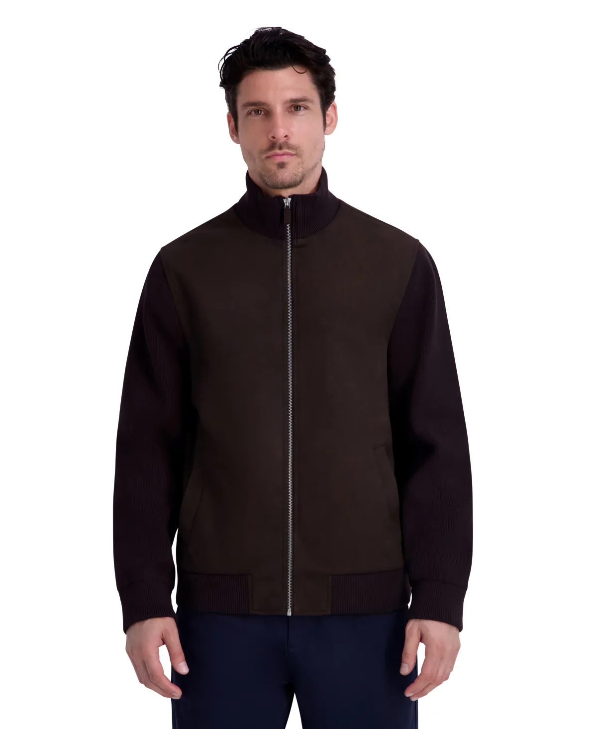 Faux Suede Knit Rib Sleeves and Collar Jacket by Karl Lagerfeld