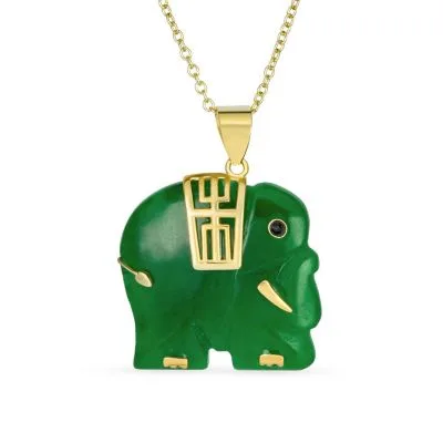 Bali Style Tribal Longevity Green Natural Jade Indian Elephant Pendant Necklace Gold Plated Sterling Silver 18 Inch by Bling Jewelry