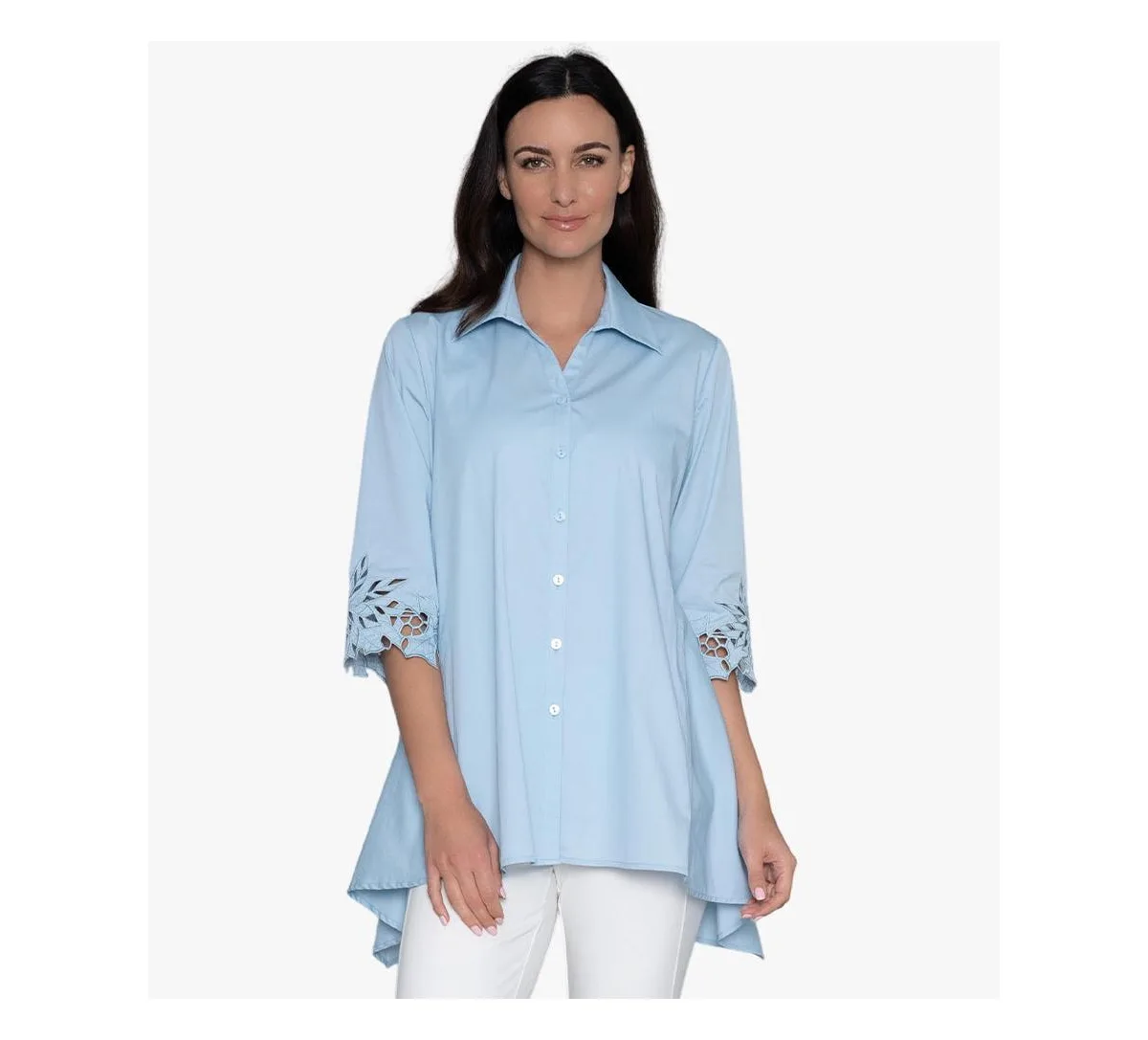 Embroidered Sleeve Cotton Poplin A-Line Button-Front Shirt Top Poetry Tunic by Stella Carakasi