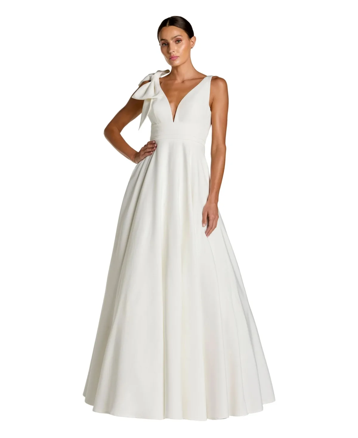 Mac Duggal Crepe Sleeveless Plunge Neck Ballgown with Bow by M.A.C.
