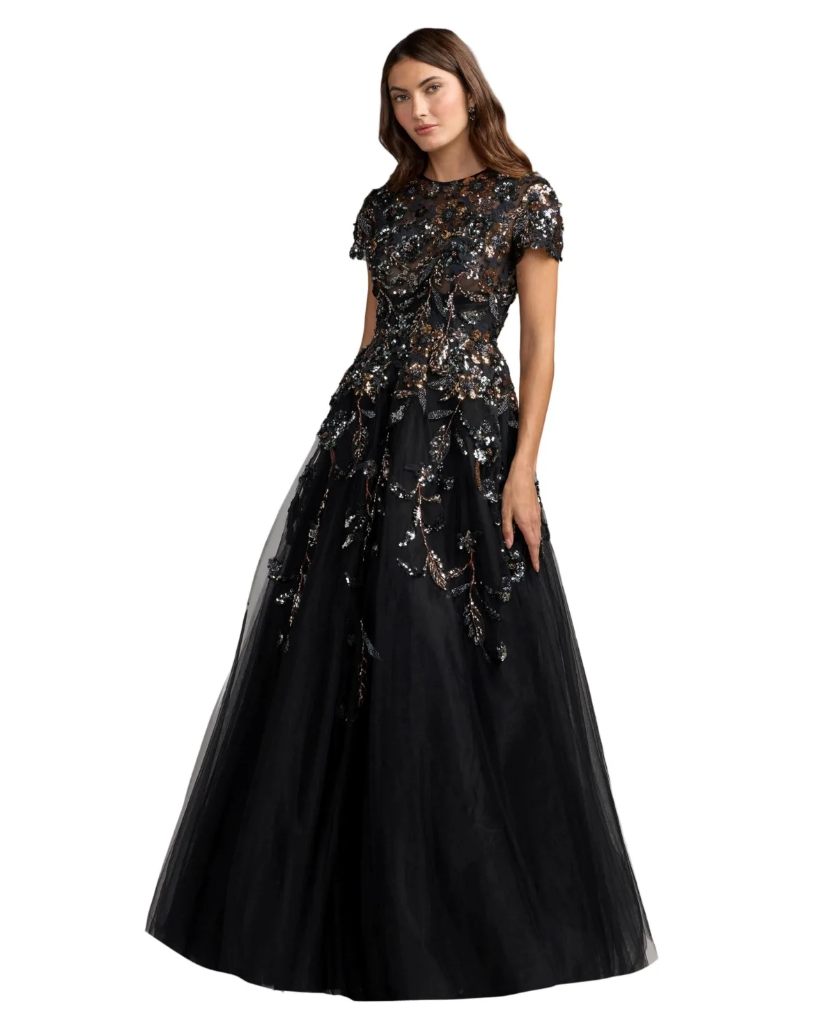 Mac Duggal Floral-Embellished Sequin Short-Sleeve Ball Gown