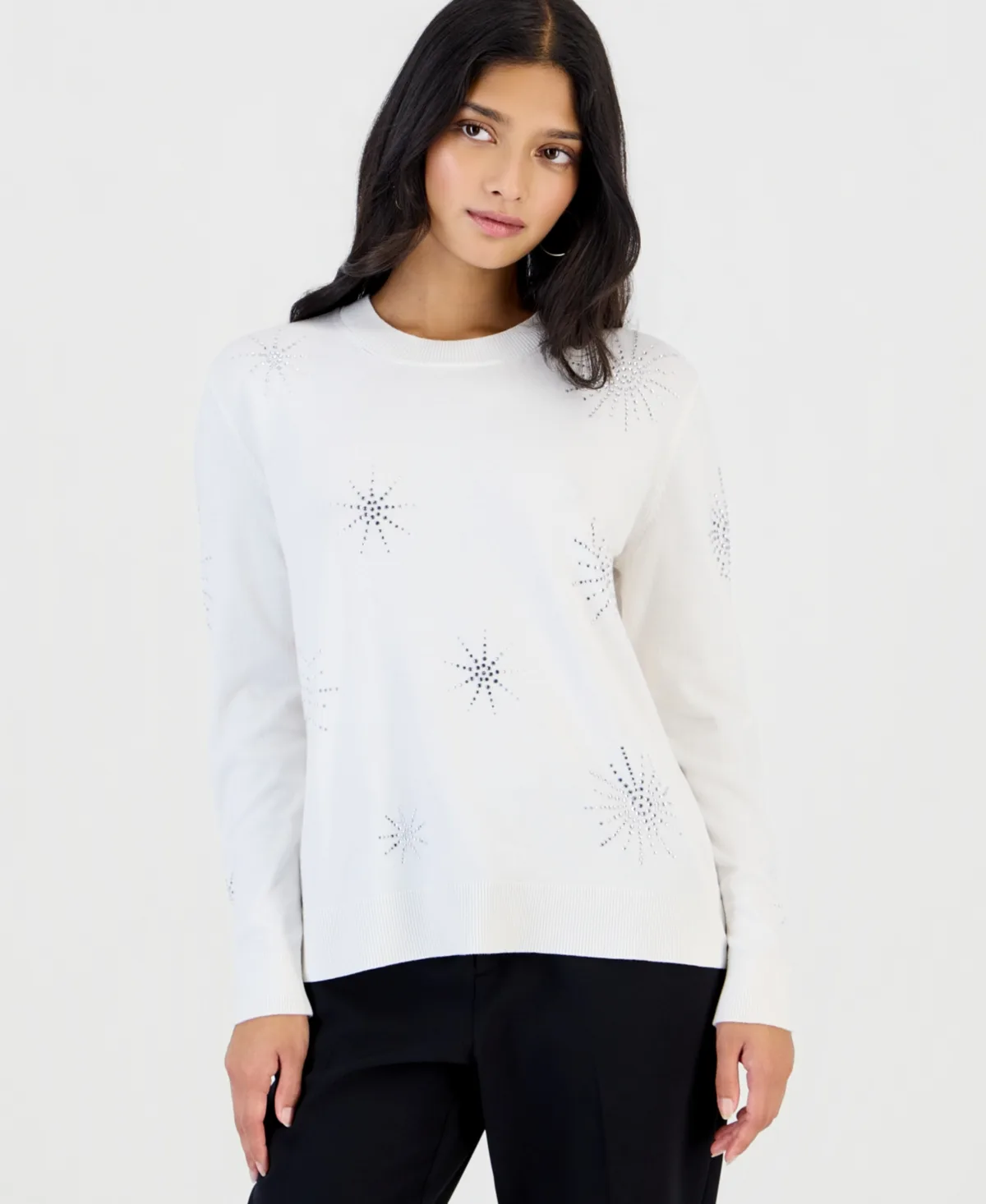 Essentials Long-Sleeve Crew Neck Embellished Sweater by Anne Klein