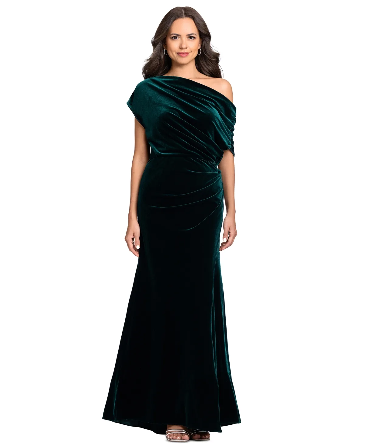 Velvet Asymmetrical Ruched Gown by Betsy & Adam