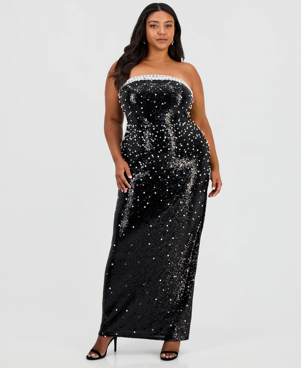 Strapless Allover-Sequin Imitation Pearl-Embellished Gown by B Darlin