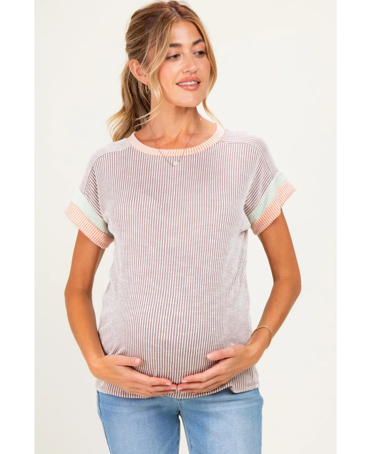 Maternity Ribbed Color-Block Short-Sleeve T-Shirt by PinkBlush