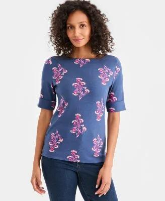 Printed Boat Neck Elbow Sleeve Top