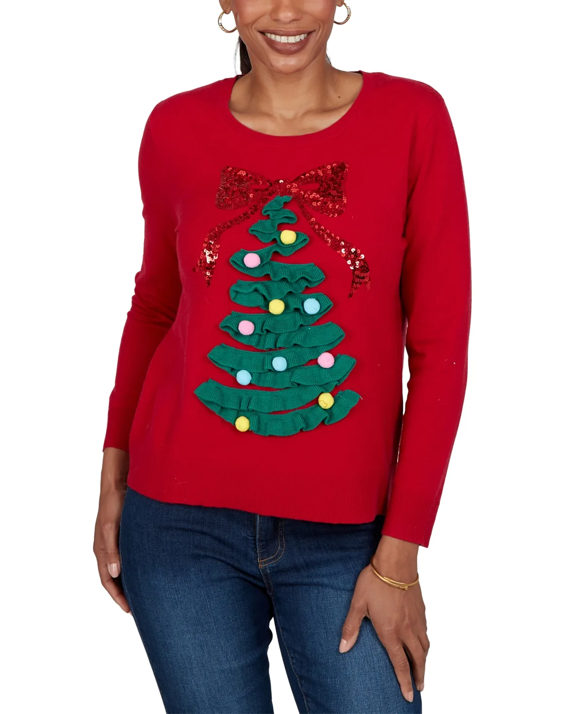 Christmas Tree Applique Long-Sleeve Crewneck Pullover Sweater by Ruby Rd