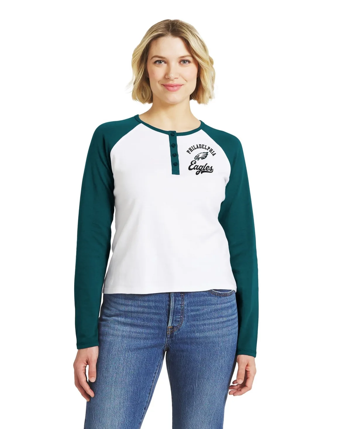Philadelphia Eagles Henley Long-Sleeve Raglan Cotton T-Shirt by Wear by Erin Andrews