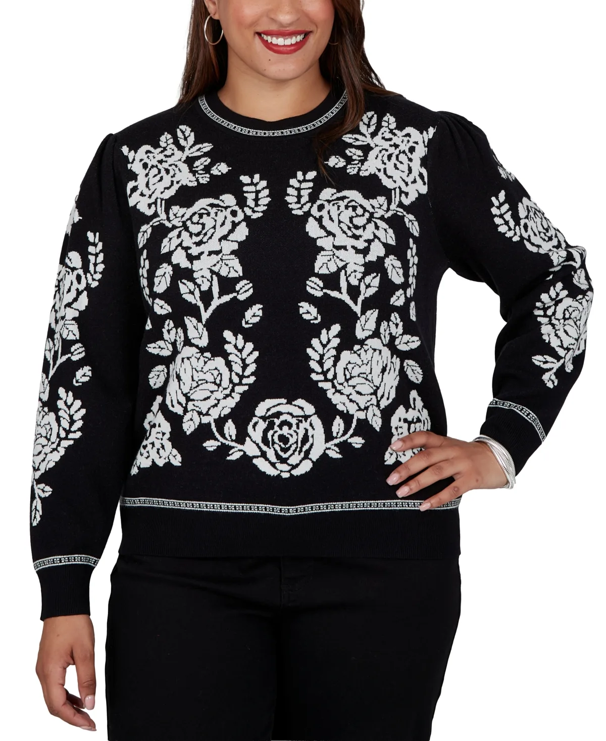 Floral-Print Long-Sleeve Crewneck Pullover Sweater by Ruby Rd