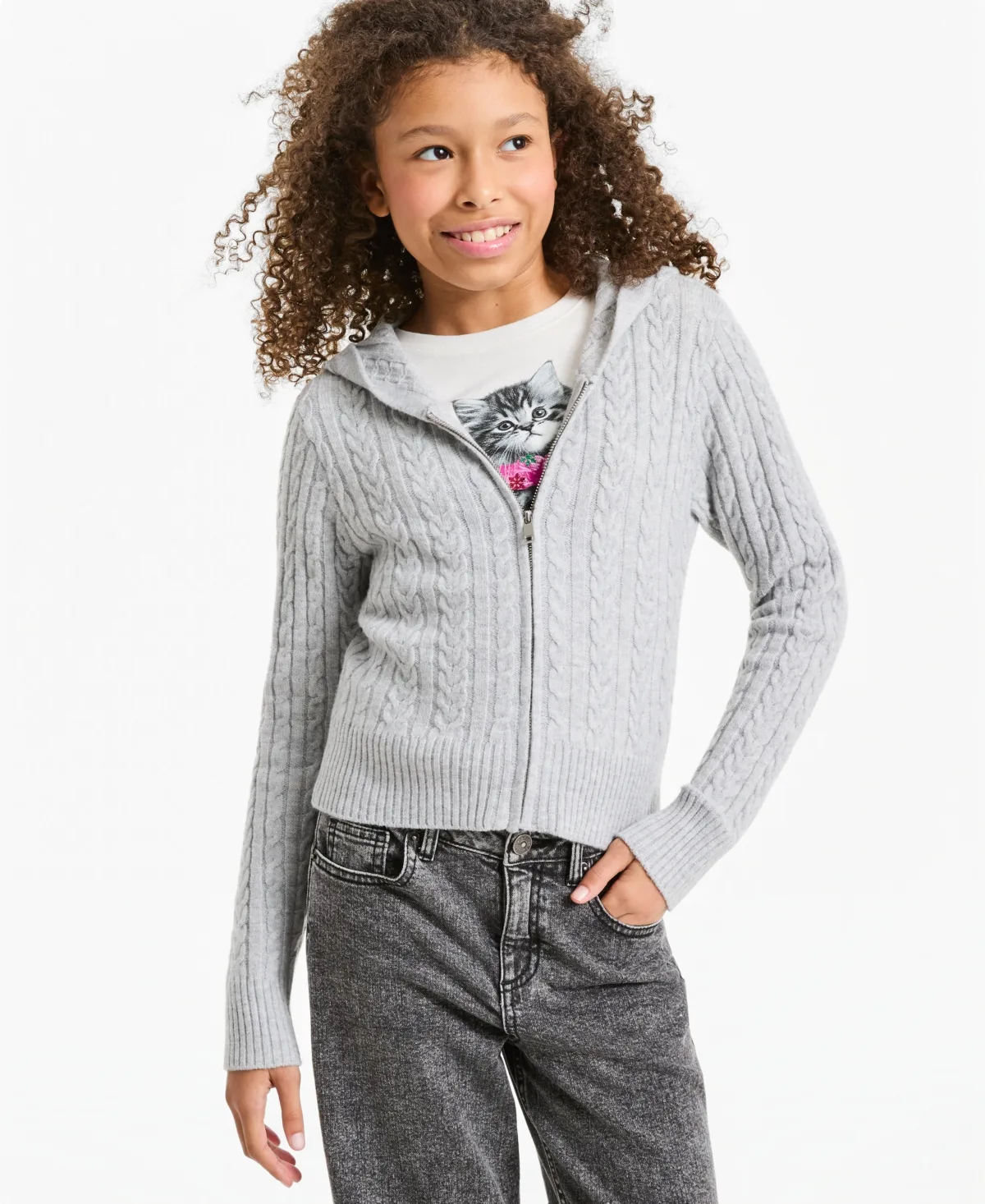 Cable Zip Up Hooded Full-Zip Sweater by Epic Threads