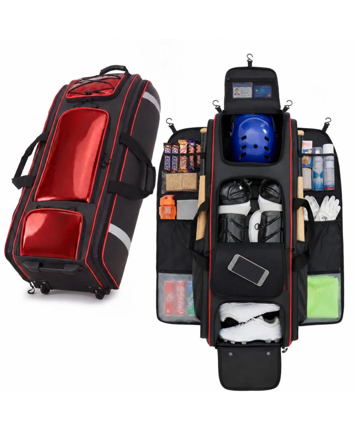 100L Rolling Baseball Catchers Gear Bag 5 Hook Dugout Organizer by Peneyon
