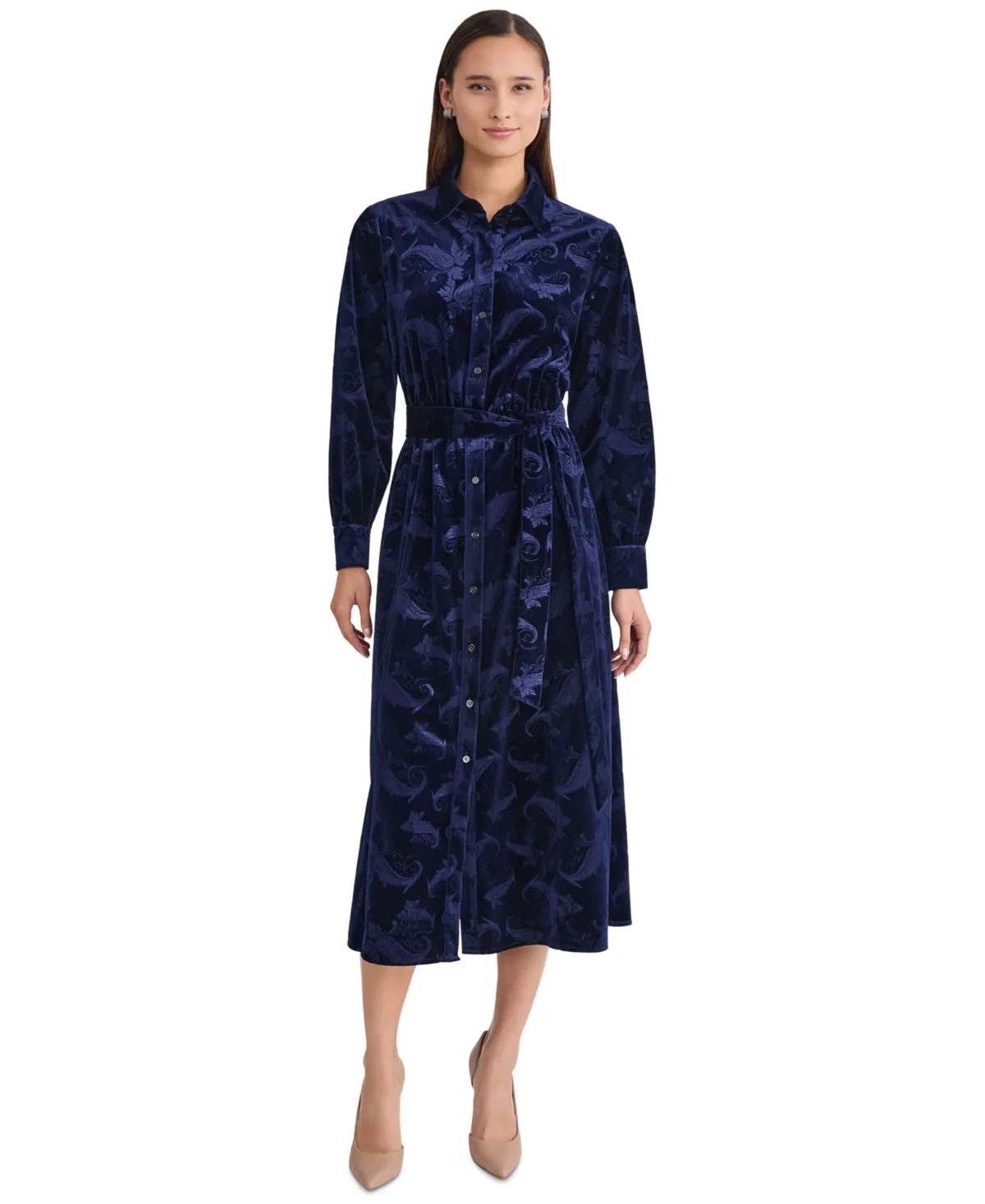 Floral Velvet Belted Shirt Dress by Jones New York
