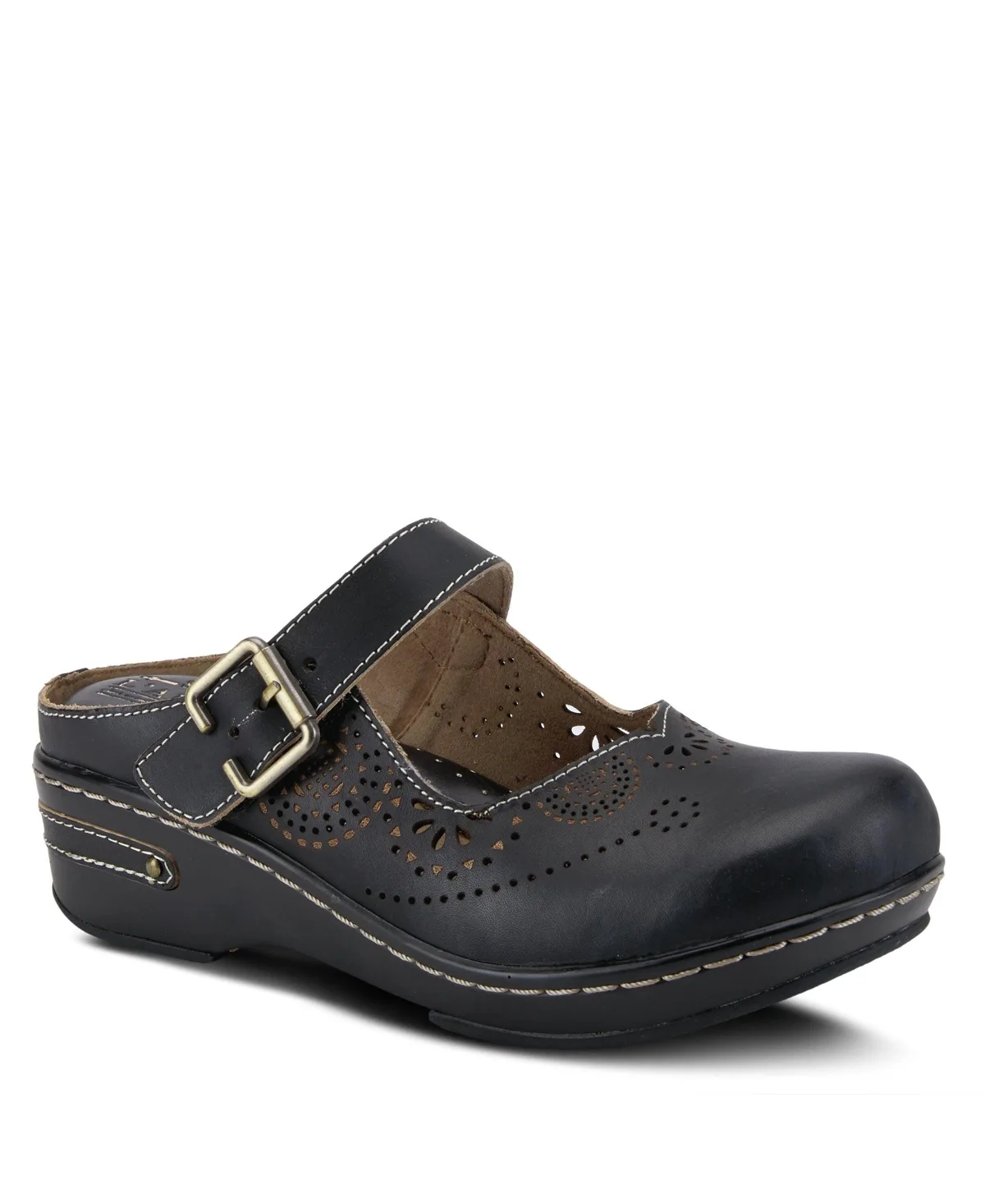 Aneria Hand-Painted Leather Clogs with Floral Laser Cutouts, Adjustable Buckle & Contrast Stitching by Lartiste