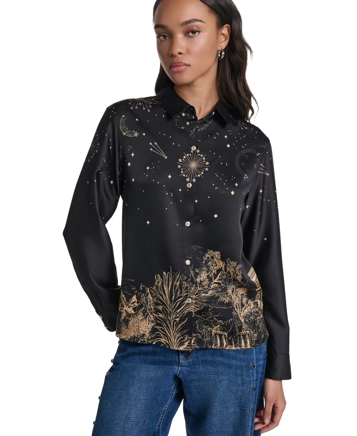 Placed-Print Long-Sleeve Button-Up Blouse by Karl Lagerfeld