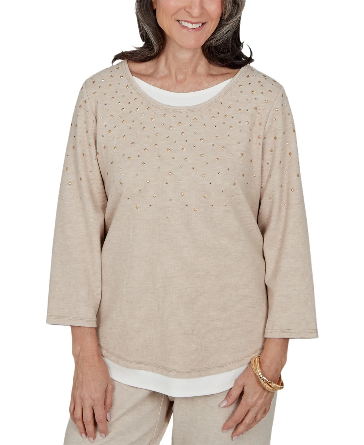 3/4-Sleeve Crew Neck Embellished Knit Top - Stone by Alfred Dunner