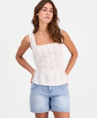 Embroidered Linen Peplum Hem Top