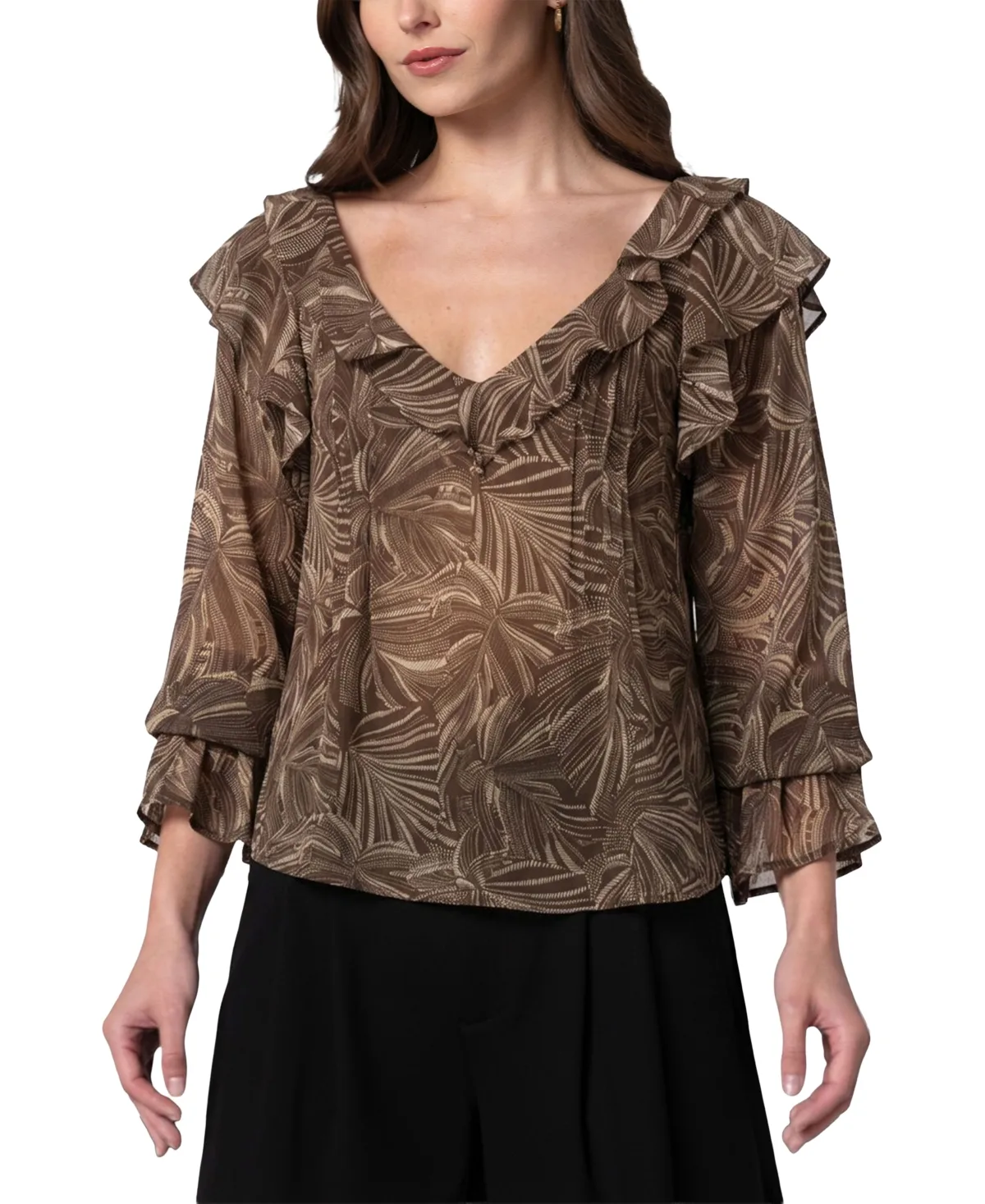 Long-Sleeve Double-Ruffle V-Neck Blouse by Liverpool Los Angeles