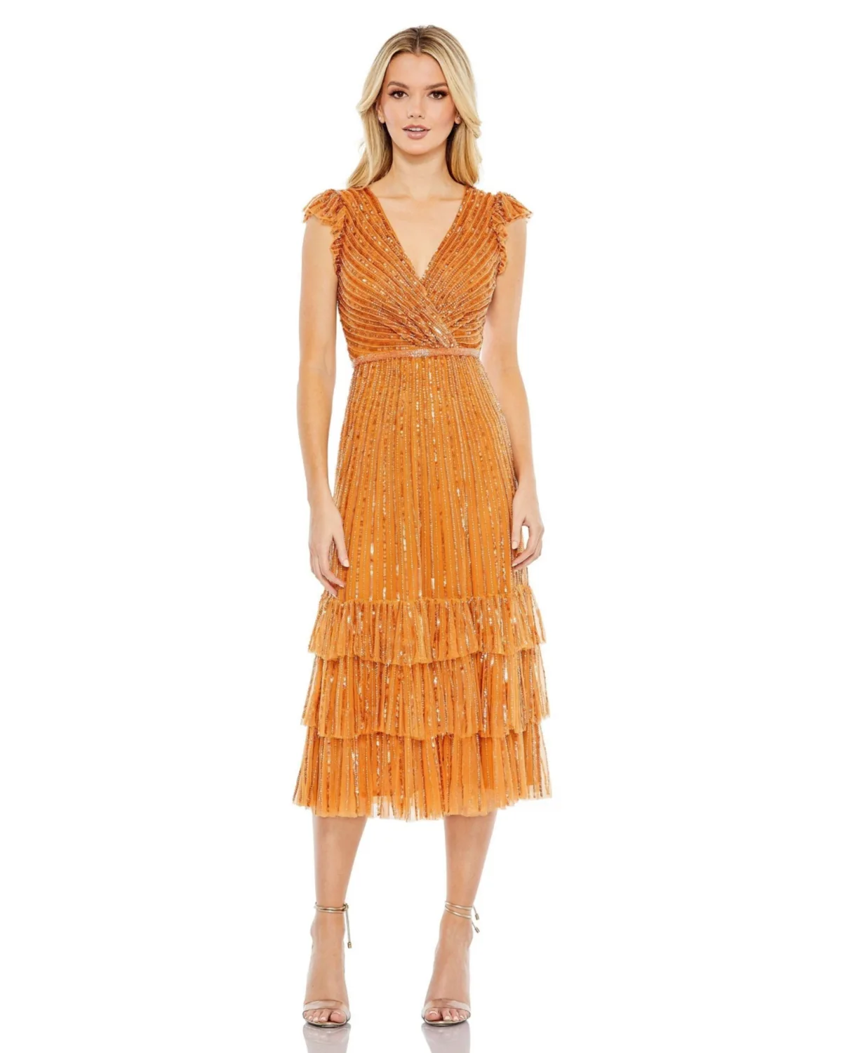 Mac Duggal Sequined Wrap Over Cap Sleeve Ruffle Hem Dress by M.A.C.