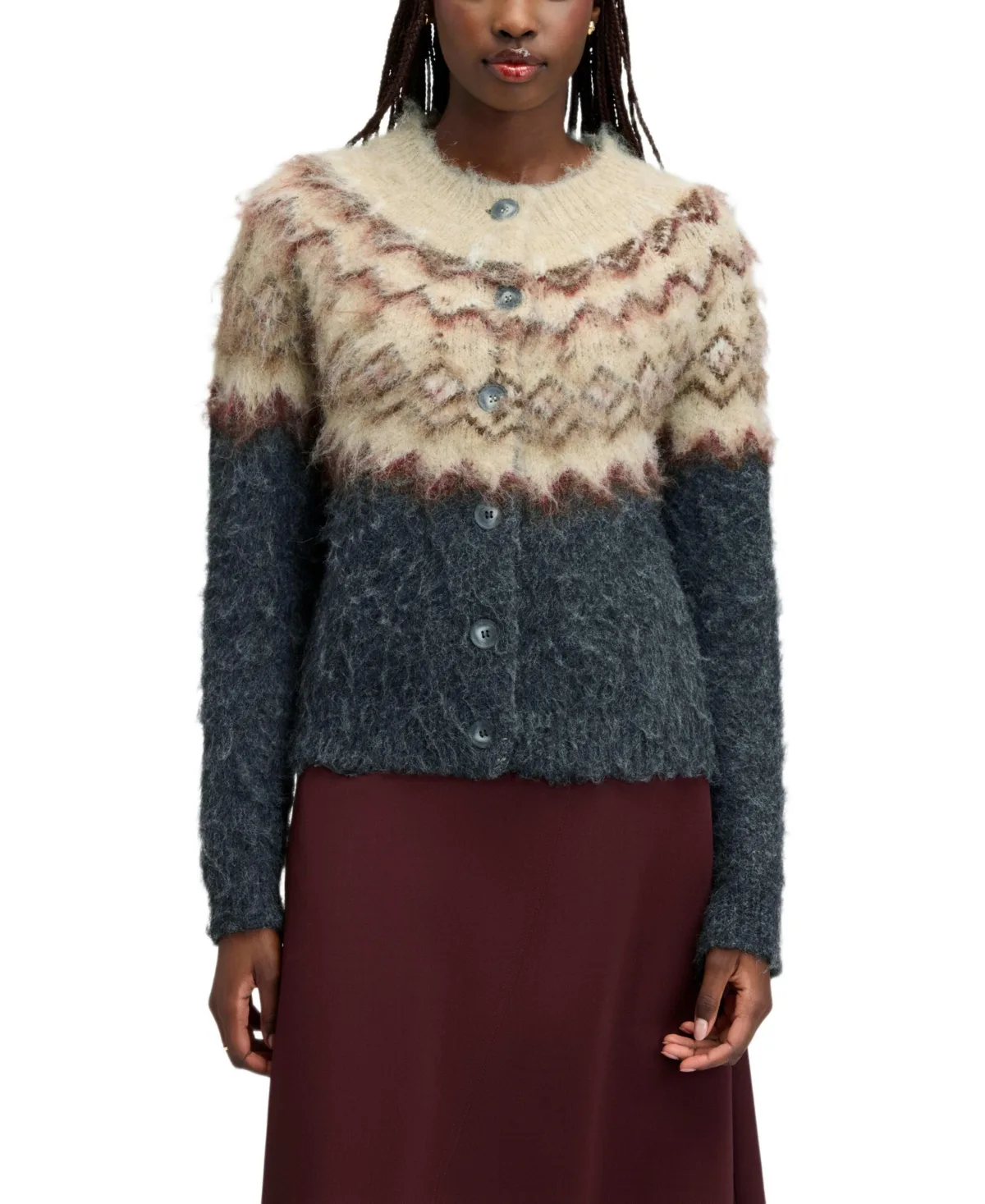 Brushed Fair Isle Crewneck Cardigan Sweater by Sam Edelman