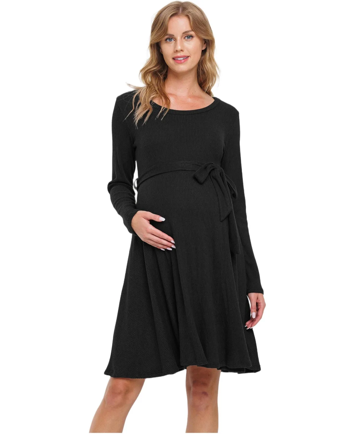 Maternity Rib Knit Empire Waist Long Sleeve Knee-Length Dress