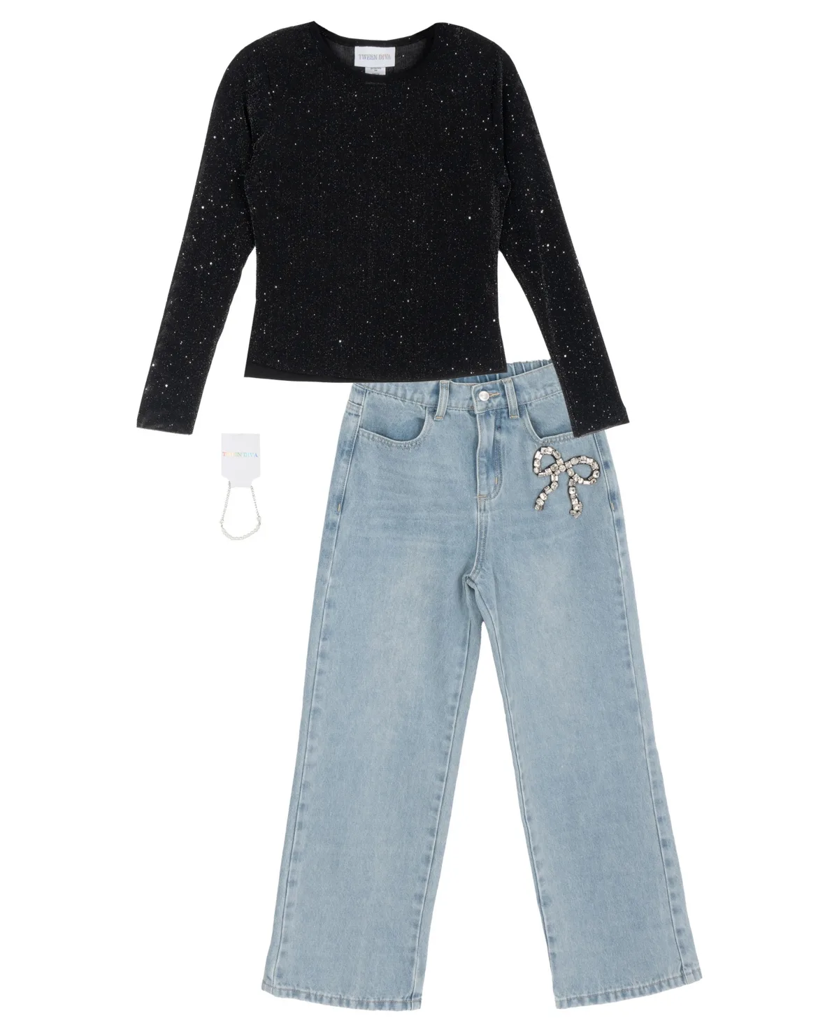 Sequin Wide-Leg Rhinestone-Bow Top, Camisole, and Jeans, 3-Piece Set by Tween Diva