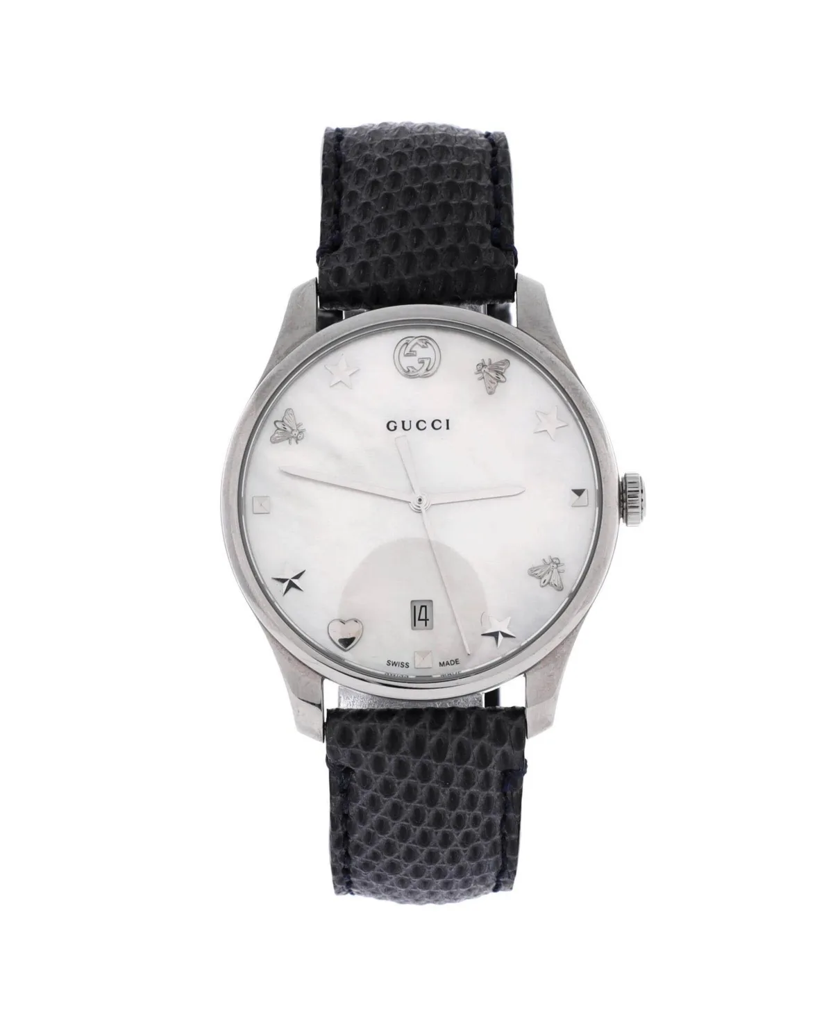 Pre-Owned Gucci G-Timeless Charm Quartz Watch in Stainless Steel and Lizard with Mother of Pearl 36mm by Gucci