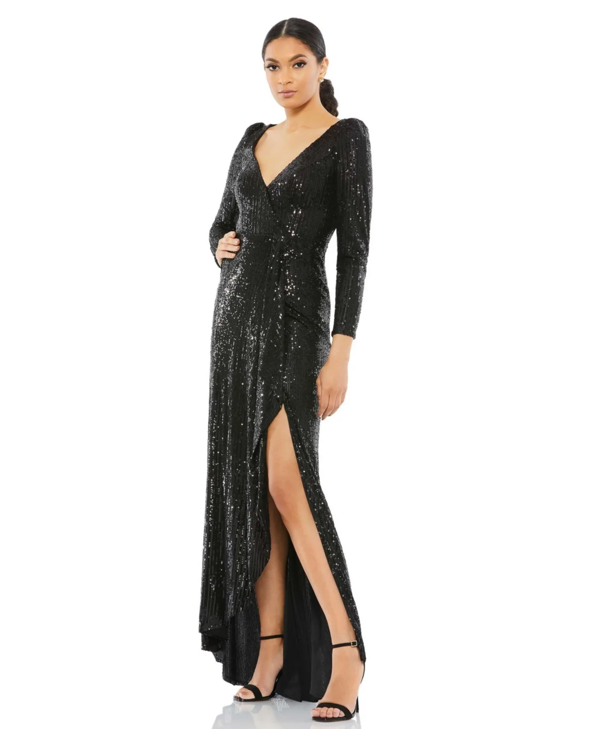 Ieena Sequined Faux Wrap Long Sleeve Gown by M.A.C.