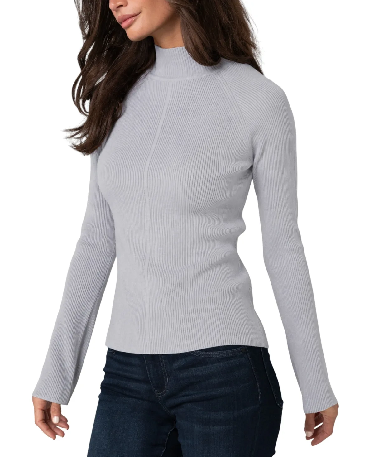 Mock Turtleneck Long Flare Sleeves Ribbed Sweater by Liverpool Los Angeles