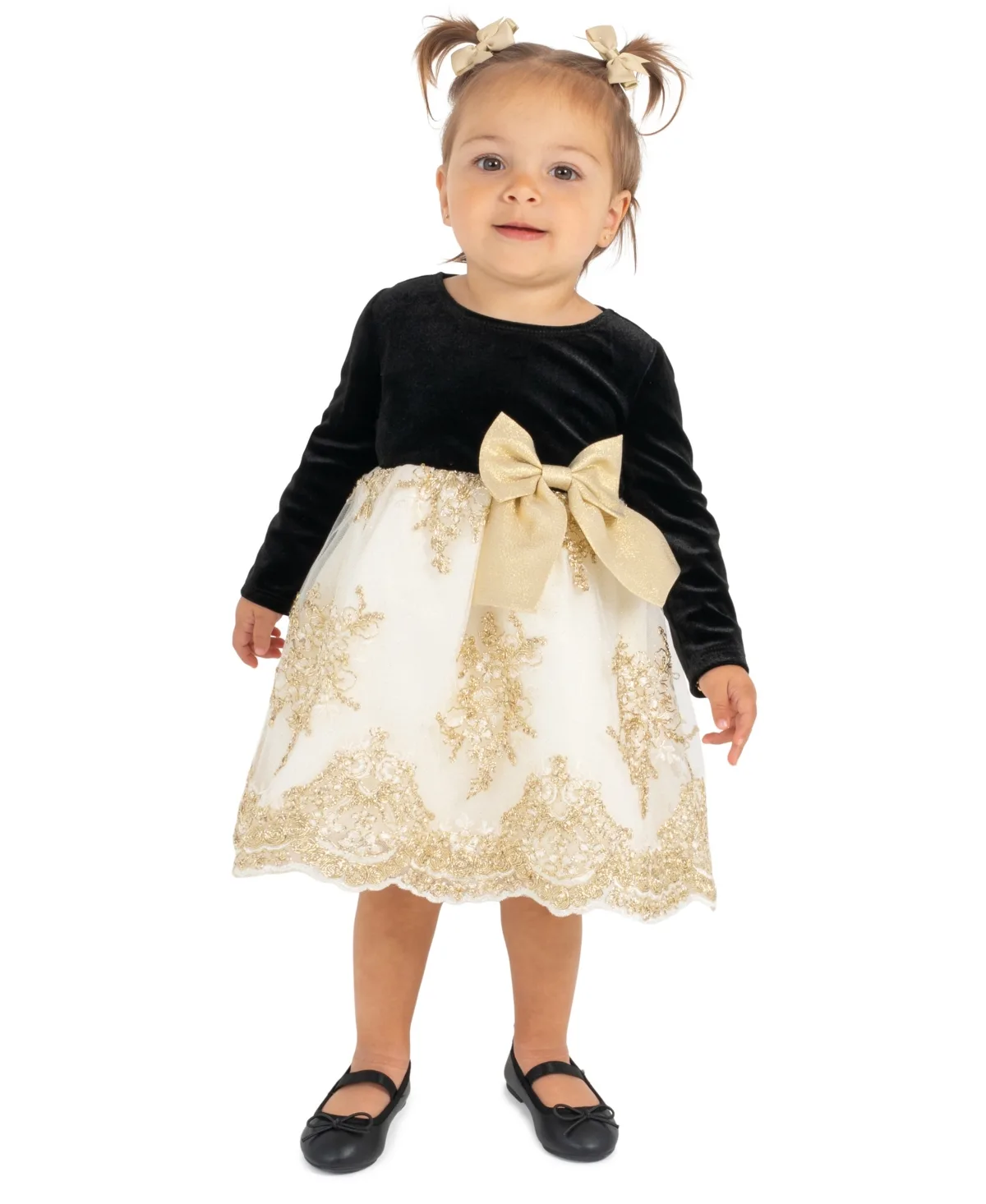 Velvet Metallic-Bow Embroidered-Scalloped Dress and Bloomer, 2-Piece Set by Rare Editions