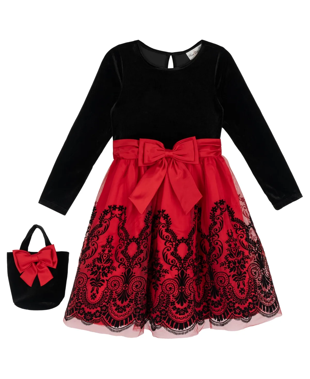 Long-Sleeve Scoop Neck Velvet Bodice Dress by Rare Editions