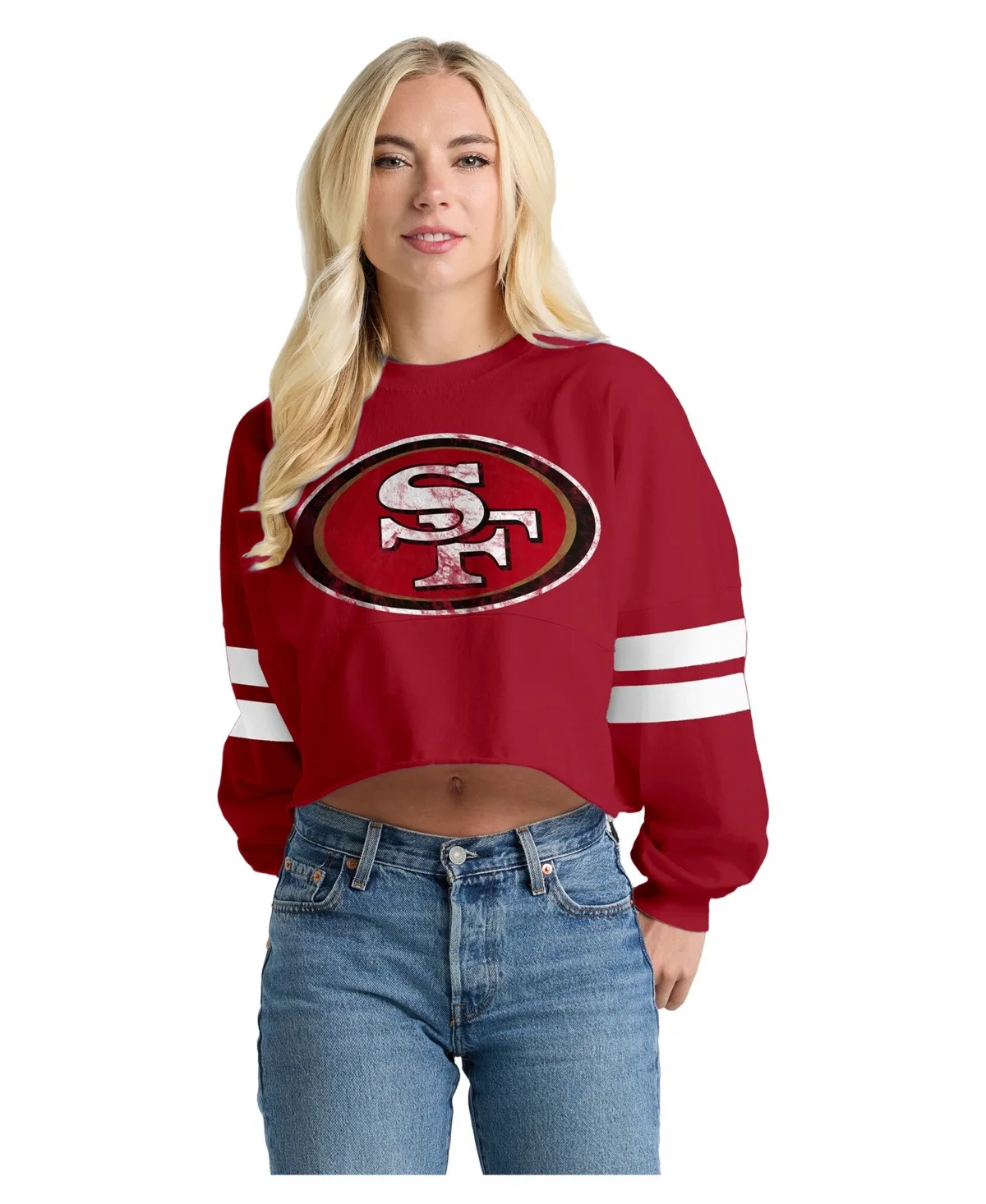 San Francisco 49ers Oversized Cropped Stripe Long Sleeve T-Shirt by Spirit Jersey