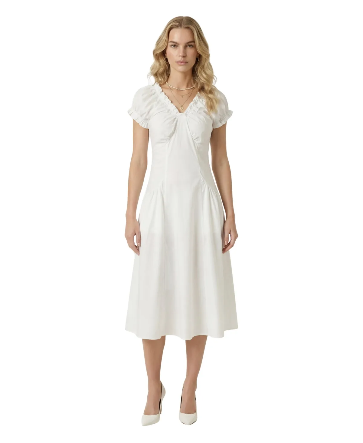 Ruched Bodice Flared Skirt A-Line V-Neck Short-Sleeve Midi Dress by Modenaire