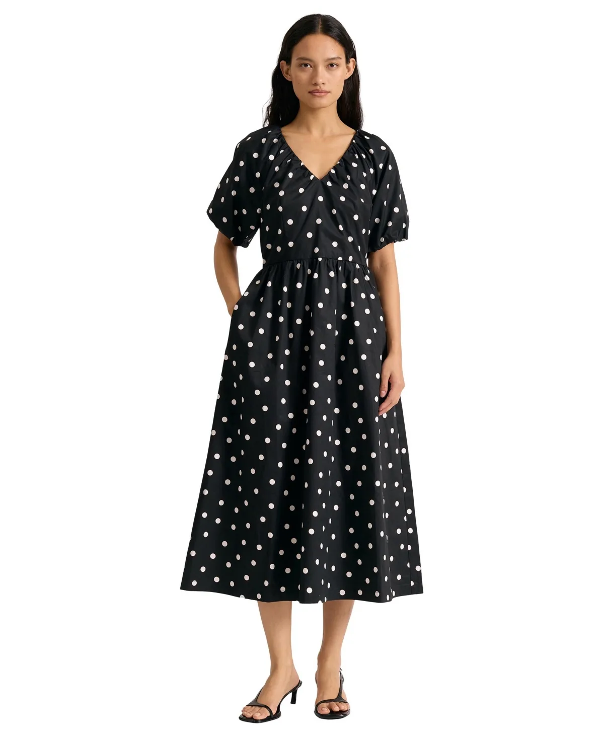 Polka-Dot Puff-Sleeve V-Neck Midi Dress by Albaray