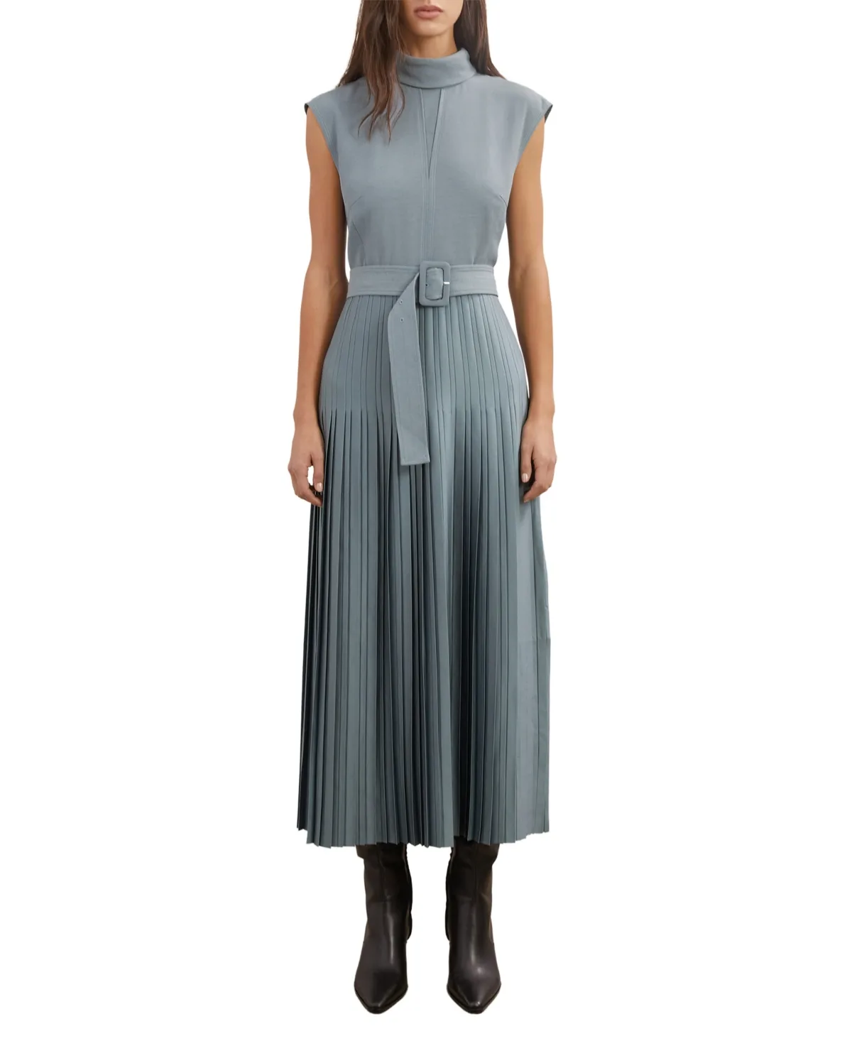 Roll-Neck Belted Pleated Midi Dress by Reiss