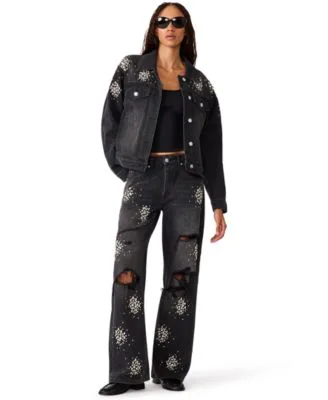 Denim Embellished Jacket High Rise Wide Leg Distressed Jeans by Steve Madden
