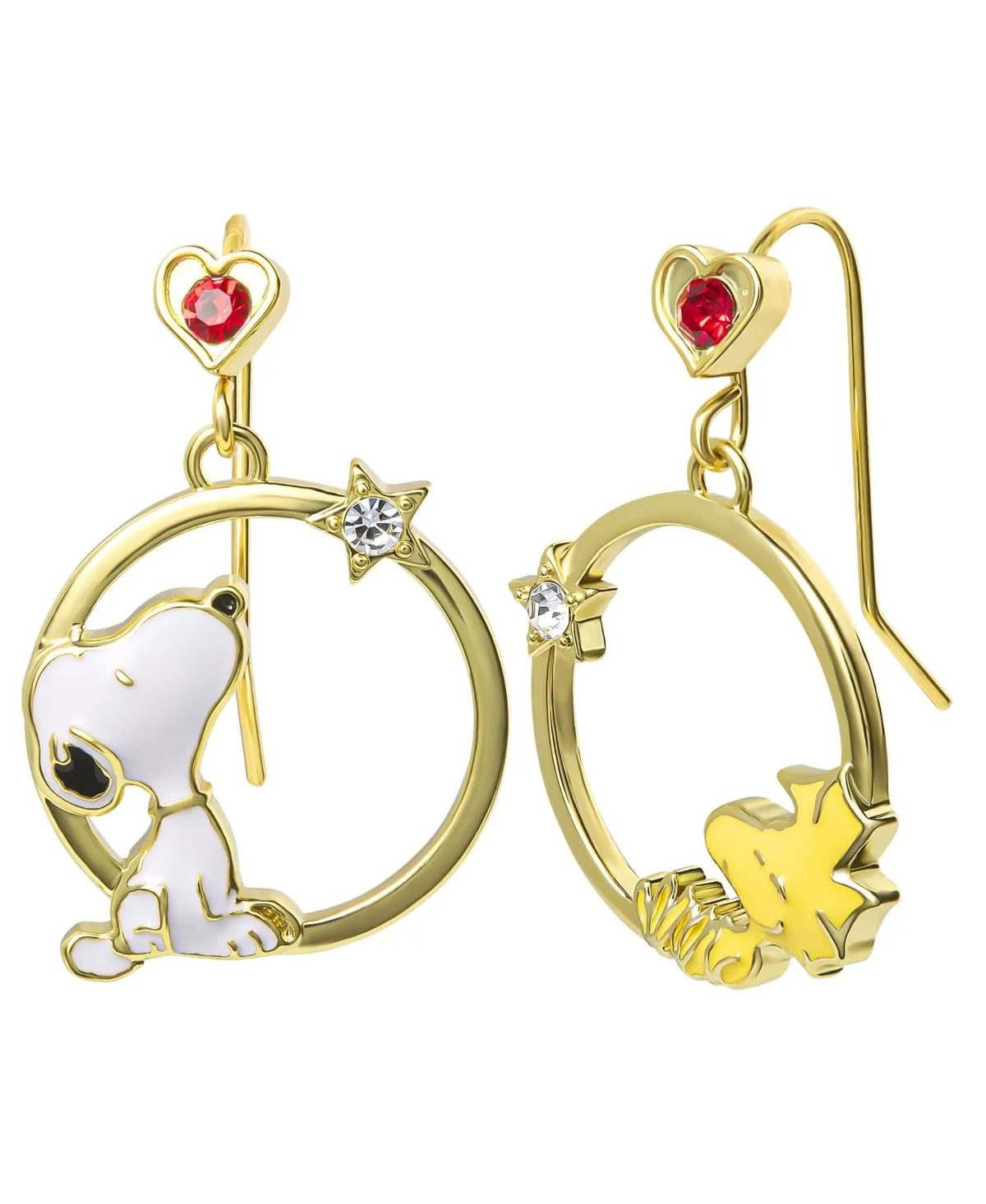 Peanuts Crystal Snoopy and Woodstock Mismatched Dangle Hoop Earrings by Peanuts
