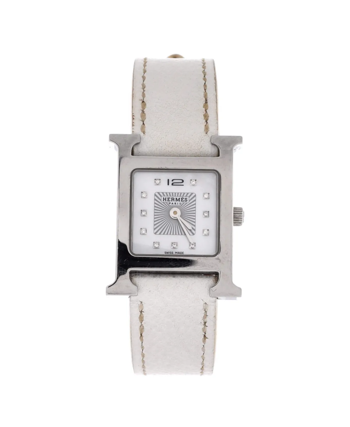 Pre-Owned Hermes Heure H Quartz Watch in Stainless Steel and Leather with Diamond Markers and Mother of Pearl 21mm by Hermes