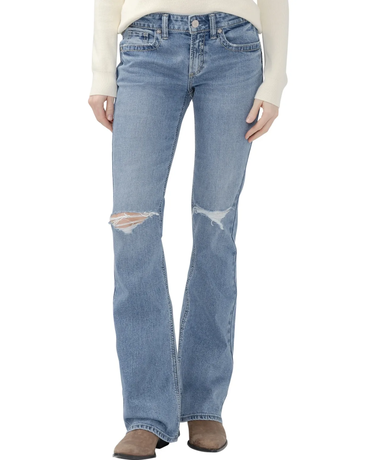 Suki Low-Rise Distressed-Knees Bootcut Jeans by Silver Jeans