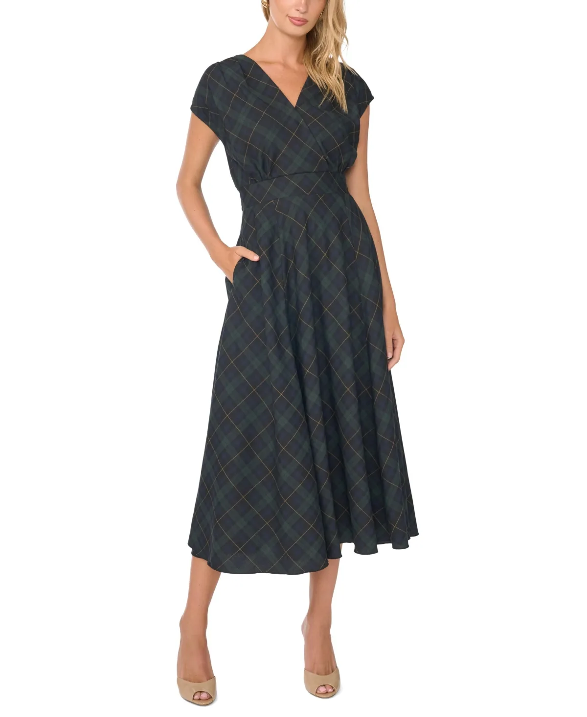 Surplice Dolman-Sleeve Plaid Maxi Dress by Vince Camuto