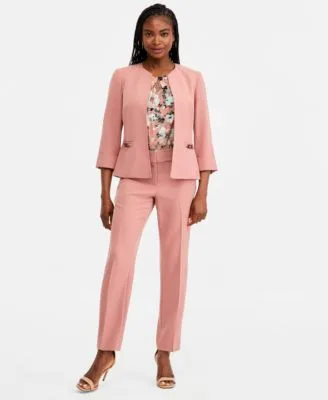 Cuffed 3/4 Sleeve Collarless Jacket Pleated Keyhole Neck Top Fly Front Slim Pants by Kasper