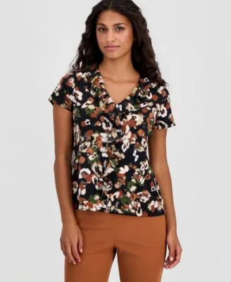 Essentials Printed Ruffle Trim Short Sleeve Top by Anne Klein