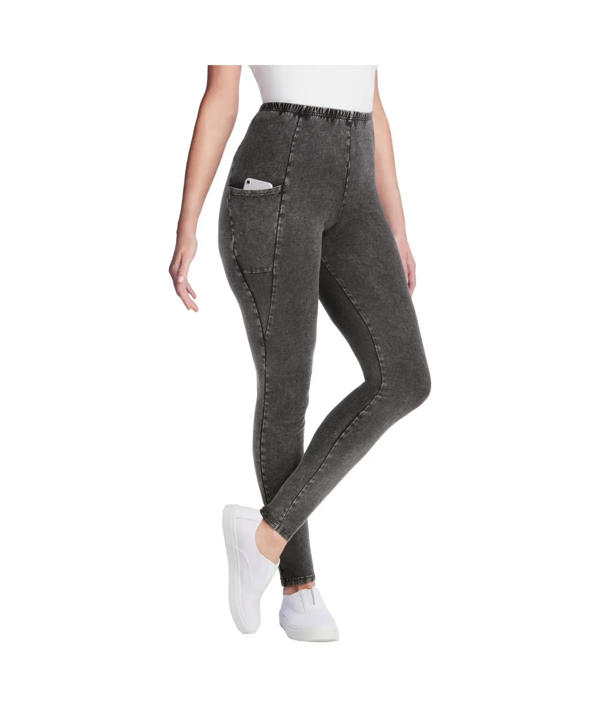 Stretch-Cotton Knit Pull-On Pocket Leggings by Woman Within